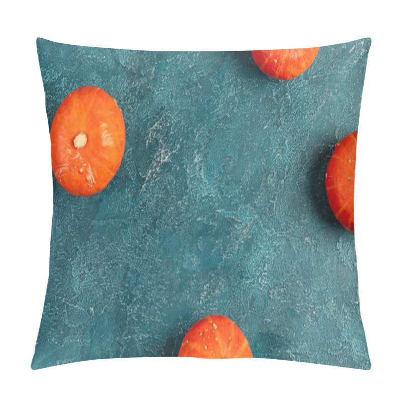 Personality  Thanksgiving Background, Bright Orange Pumpkins On Blue Textured Tabletop, Top-down Perspective Pillow Covers