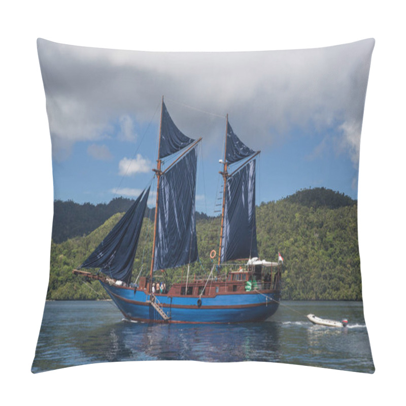 Personality  A Beautiful Pinisi Schooner Sails In The Calm Waters Of Raja Ampat, Indonesia. This Remote, Tropical Region Is Known As The Heart Of The Coral Triangle Due To Its Incredible Marine Biodiversity. Pillow Covers