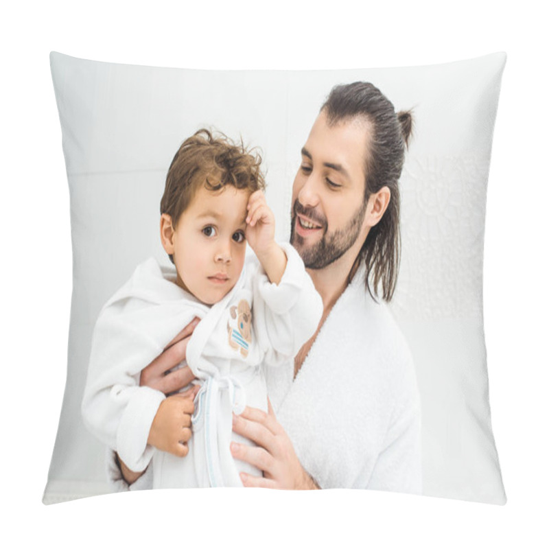 Personality  Father Holding Son In White Bathrobe And Smile  Pillow Covers