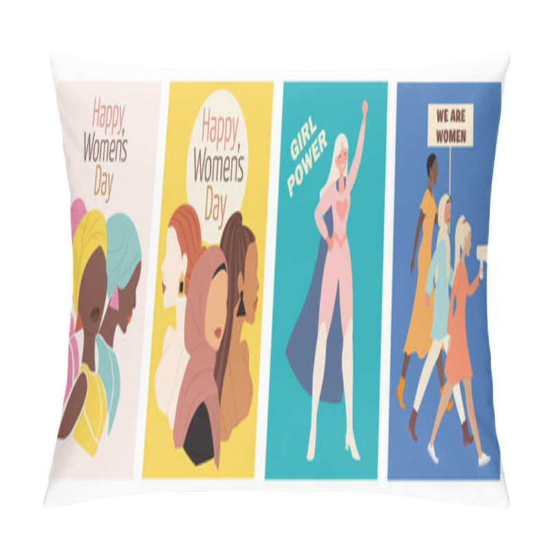 Personality  Collection Of Spring Cards. International Women's Day. Vector Illustration With Women Of Different Nationalities And Cultures. The Struggle For Freedom, Independence, Equality.  Pillow Covers