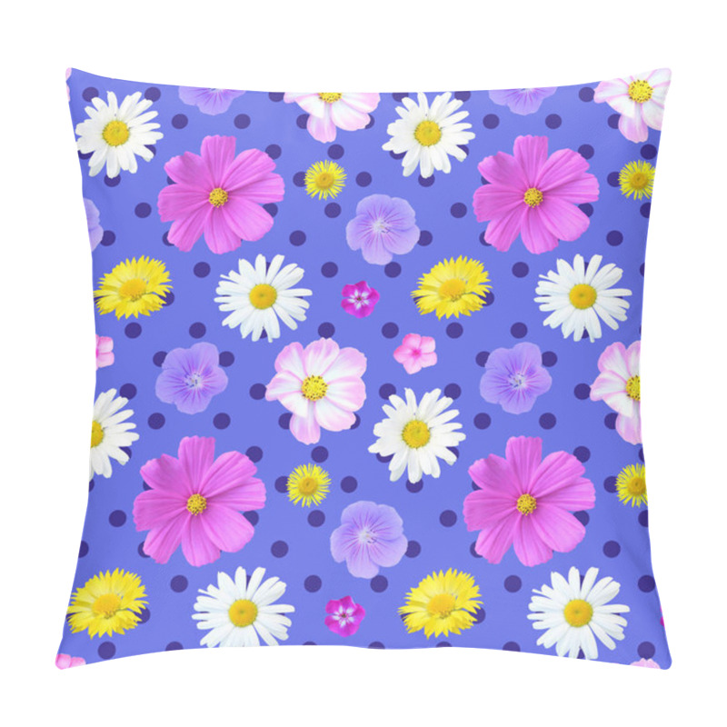 Personality  Seamless Floral Pattern On A Blue Polka Dot Background, Background Of Summer Flowers, Print For Fabric, Photo-realistic Collage. Pillow Covers