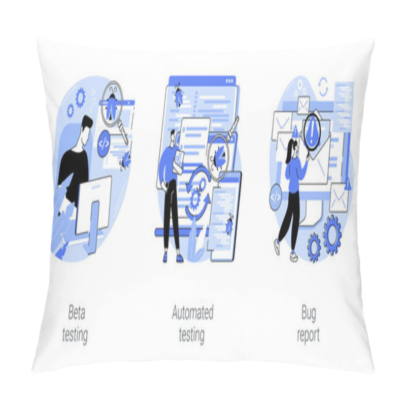 Personality  QA Isolated Cartoon Vector Illustrations Set. IT Company Worker Analyze Software Beta Version, Automated Testing, App Quality Assurance, Tester Found A Bug, Application Usability Vector Cartoon. Pillow Covers