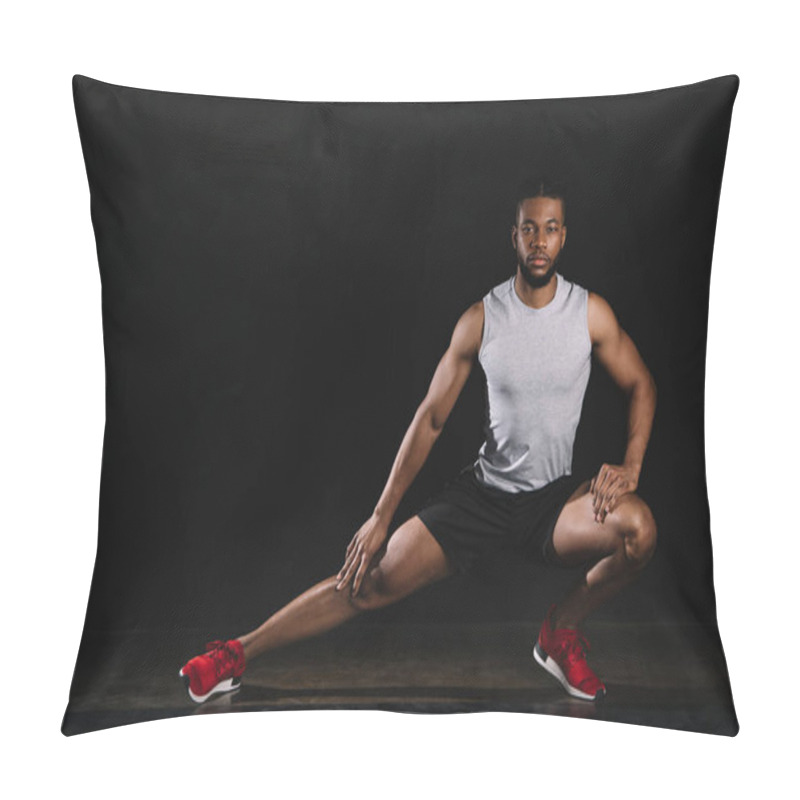 Personality  Athletic Young African American Man In Sportswear Exercising And Looking At Camera On Black Pillow Covers