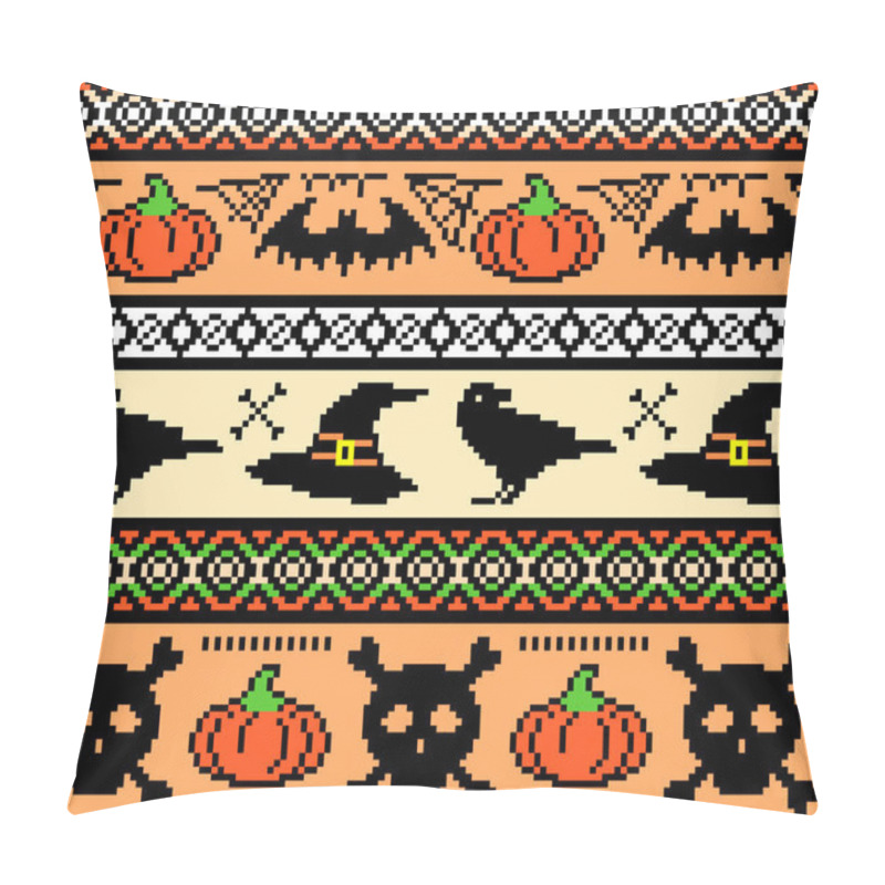 Personality  Halloween, Pixel Art. Seamless Pattern With Bats Hats And Skulls, Repeating Background For Embroidery And Knitting,Seamless Knitting Pattern Pillow Covers