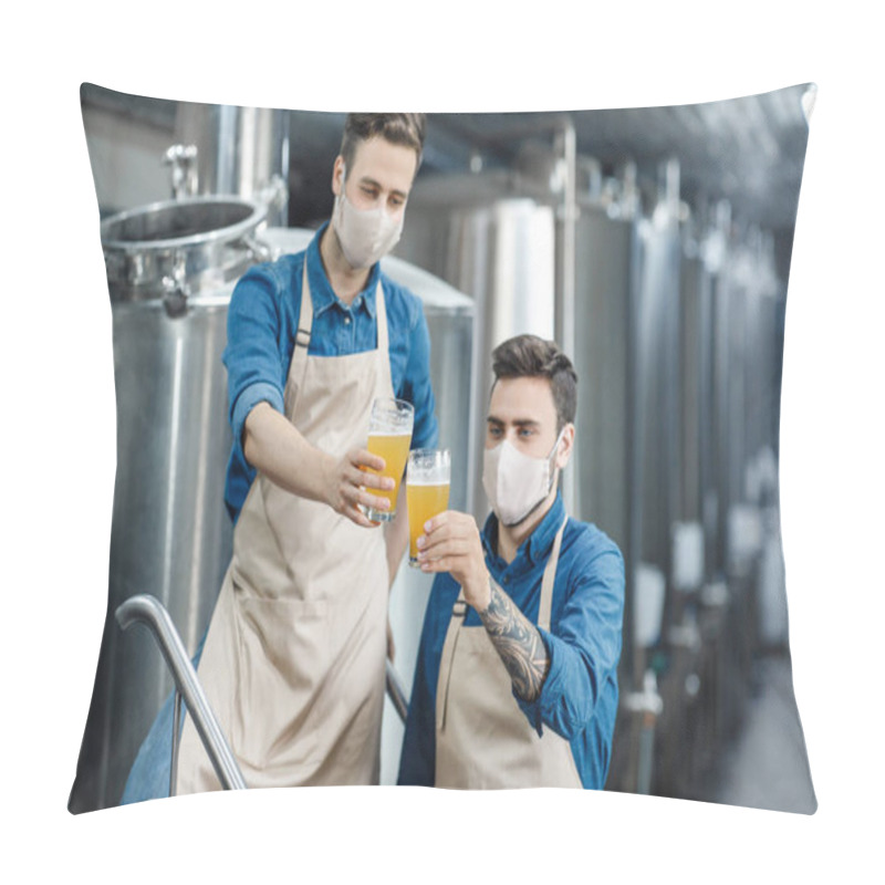 Personality  Two Millennial Beautiful Male Brewers Work In Beer Manufacturing Factory Pillow Covers