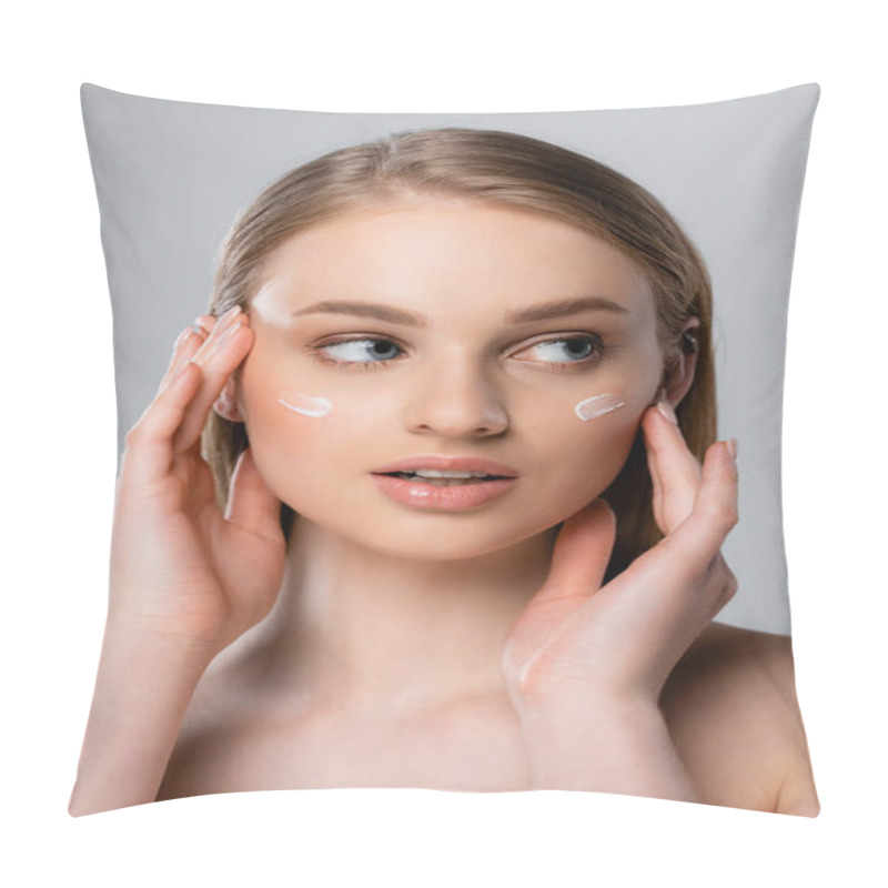 Personality  Pretty Woman Applying Face Cream Isolated On Grey Pillow Covers