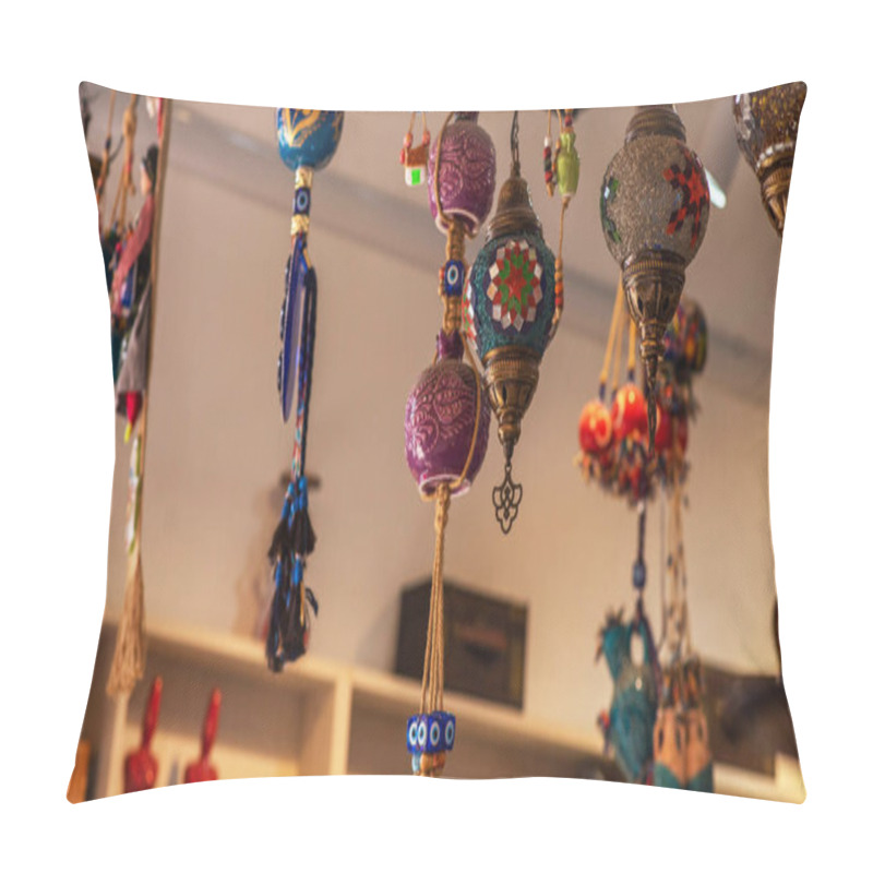 Personality  Ornate Turkish Lamps And Trinkets Hang Suspended, Their Mosaic Patterns And Vibrant Colors Creating A Tapestry Of Light And Tradition Against The Soft Interior Backdrop Pillow Covers