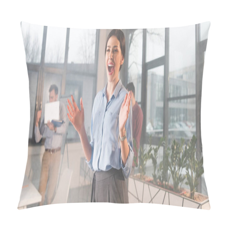 Personality  Scared Businesswoman Screaming While Standing Near Coworkers In Office With Smoke Pillow Covers