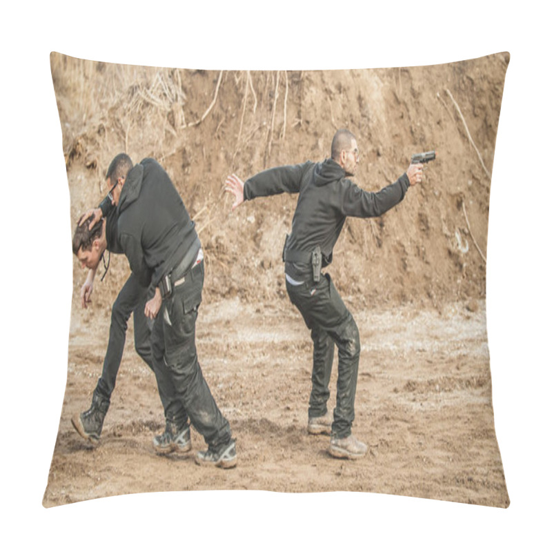 Personality  Bodyguard And VIP People Security Protection. Combat Gun Shooting Training On Outdoor Shooting Range Pillow Covers