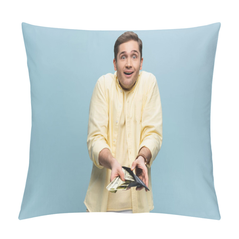 Personality  Astonished Young Man In Yellow Shirt Holding Wallet With Dollars Isolated On Blue Pillow Covers