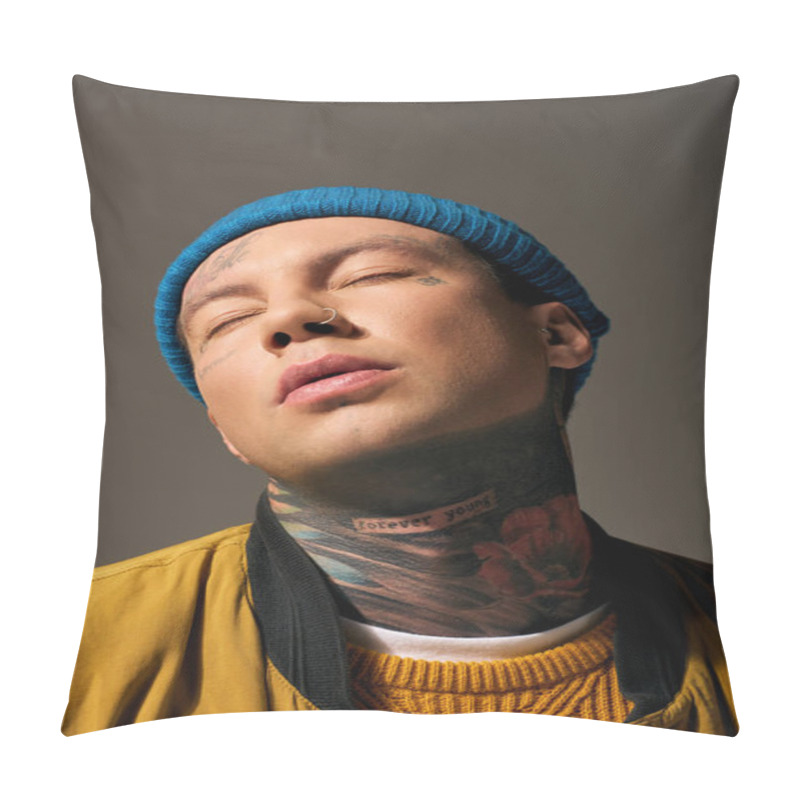 Personality  A Young Man With Intricate Tattoos Wears A Beanie, Immersed In A Moment Of Introspection. Pillow Covers