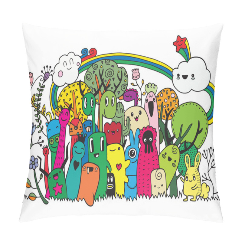 Personality  Hipster Hand Drawn Crazy Doodle Monster City,drawing Style.Vecto Pillow Covers