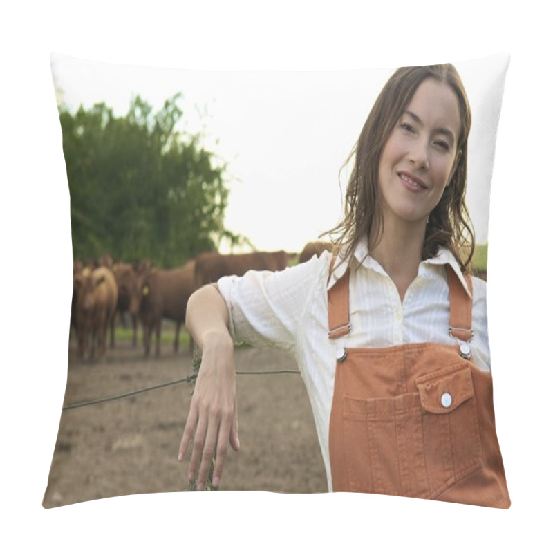 Personality  Young Woman Against Herd Of Bulls Pillow Covers