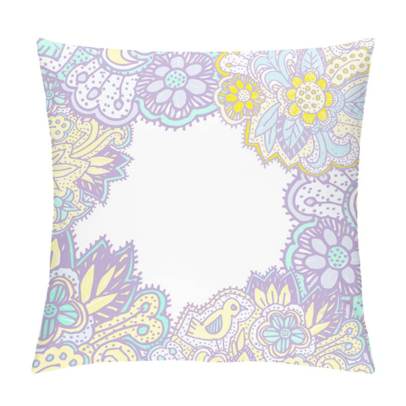 Personality  Doodle With Flowers And Birds. Square Frame For Text Purple Yellow Pink Bright Ornament. Vector  Pillow Covers