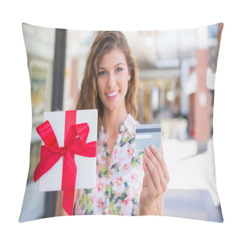 Personality  Portrait Of Smiling Woman Showing Gift Box Pillow Covers