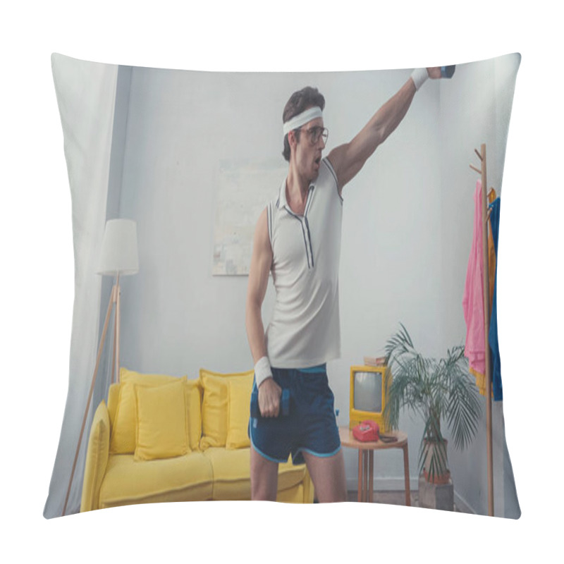 Personality  Funny Sportsman Lifting Dumbbells And Dancing In Living Room, Retro Sport Concept Pillow Covers