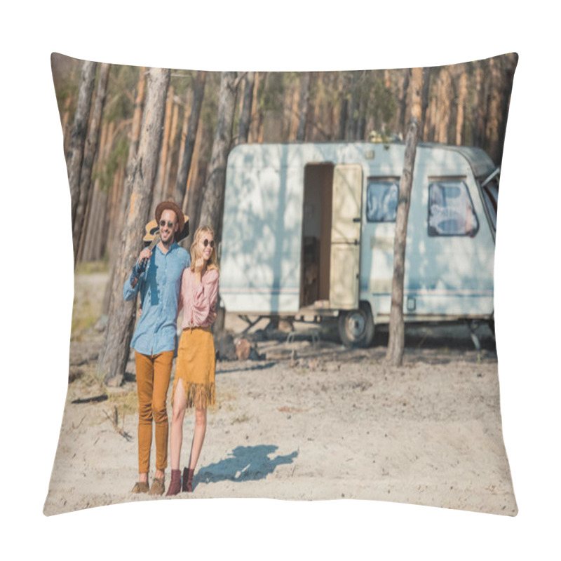 Personality  Young Hippie Couple Hugging And Standing With Guitar Near Campervan In Forest Pillow Covers