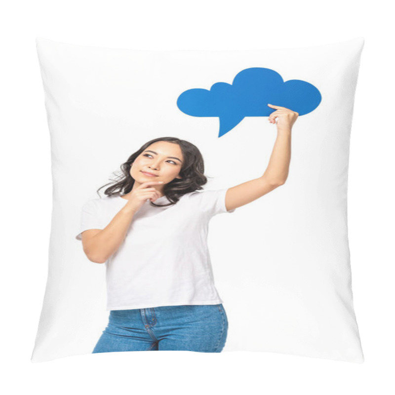 Personality  Dreamy Asian Girl With Empty Thought Bubble Above Head, Touching Chin By Hand Isolated On White Pillow Covers