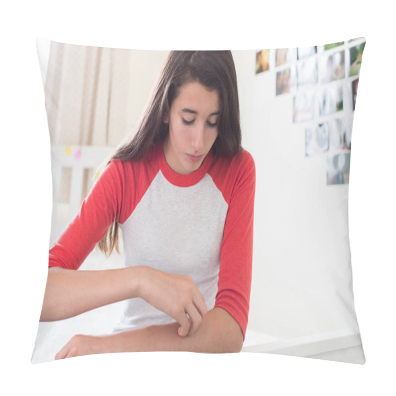 Personality  Teenage Girl Sitting In Bedroom Scratching Arm Pillow Covers