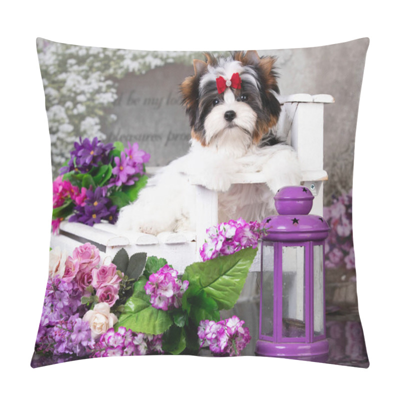 Personality  Puppy Of A Biewer Yorkshire Terrier And Flowers Pillow Covers