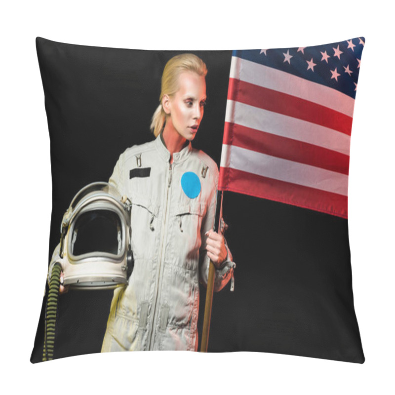 Personality  Cosmonaut In Spacesuit Holding Helmet And American Flag, Isolated On Black Pillow Covers