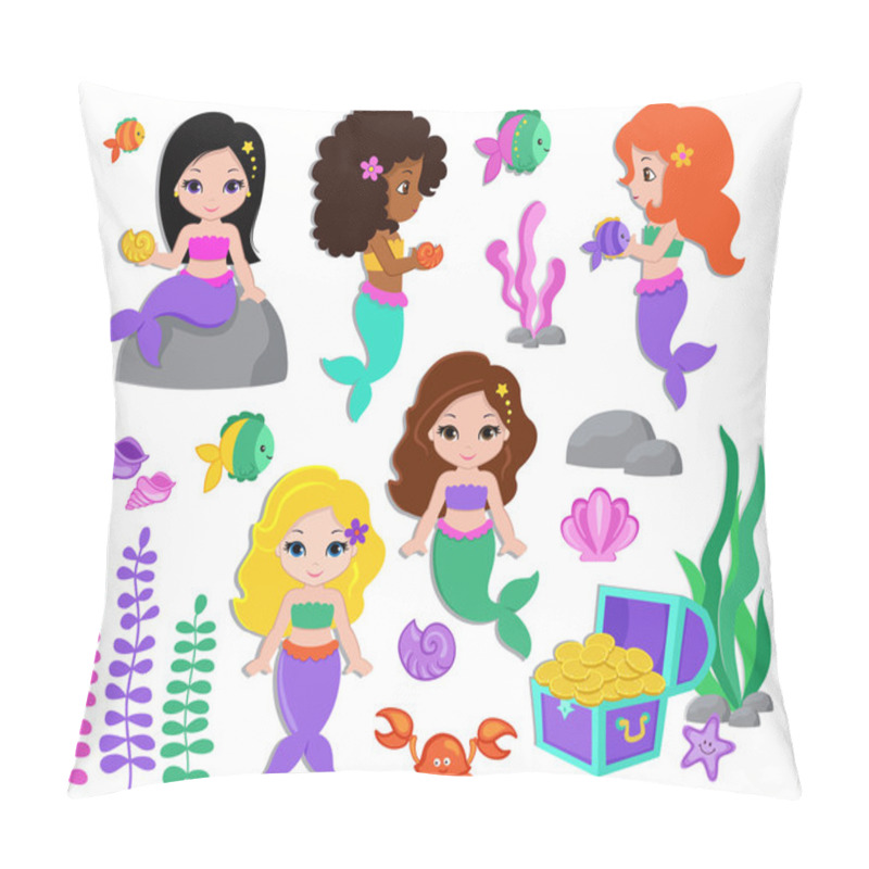 Personality  Collection Of A Cute Little Mermaids. Vector Illustration. Pillow Covers