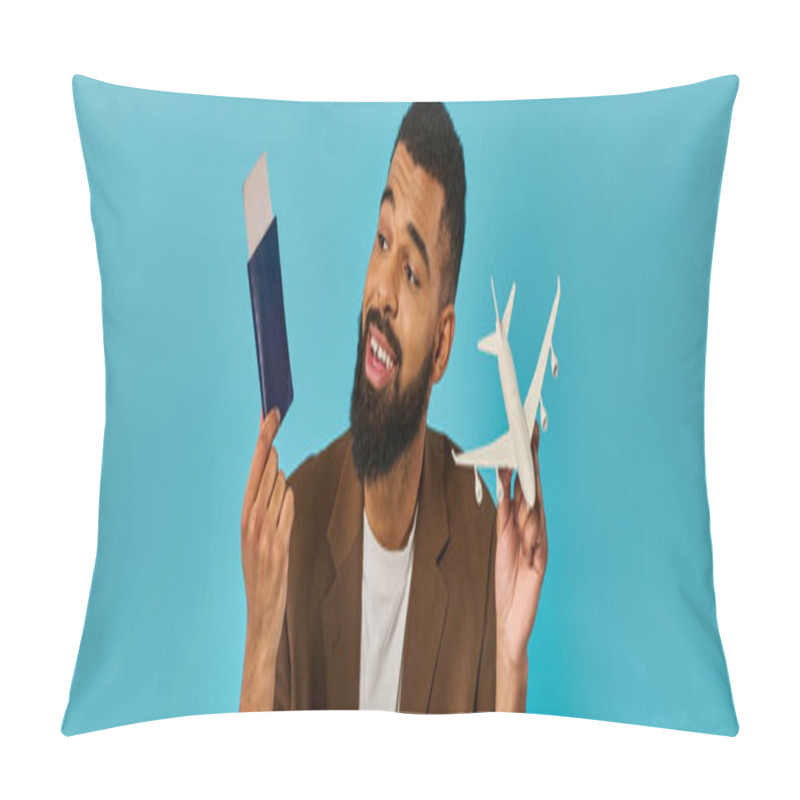 Personality  A Man Holds A Small Model Airplane In One Hand And A Passport In The Other, Symbolizing Travel Aspirations And Adventure Readiness. Pillow Covers