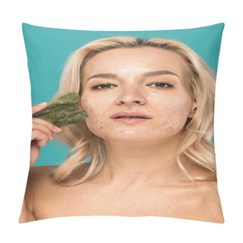 Personality  Blonde Woman With Blemishes Massaging Face With Jade Face Scraper Isolated On Turquoise Pillow Covers