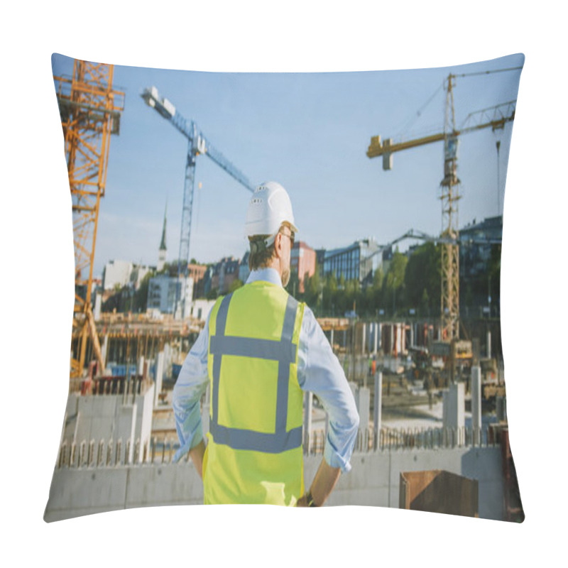 Personality  Confident Bearded Head Civil Engineer-Architect In Sunglasses Is Standing Outside With His Back To Camera In A Construction Site On A Bright Day. Man Is Wearing A Hard Hat, Shirt And A Safety Vest. Pillow Covers