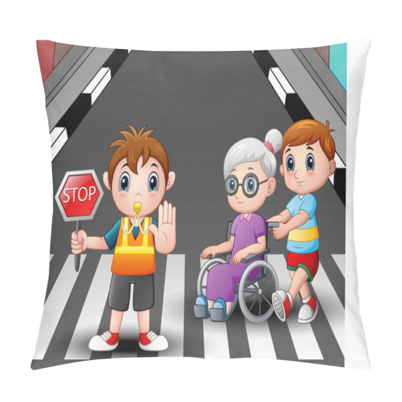 Personality  Cartoon Flagger And Boy Helps Grandma In Wheelchair Crossing The Street Pillow Covers