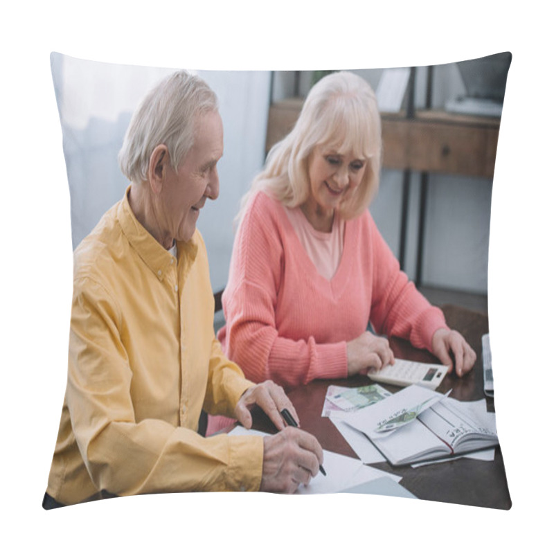 Personality  Smiling Senior Coupe Sitting At Table With Calculator And Counting Money Pillow Covers