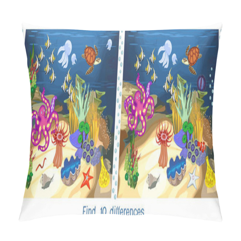 Personality  Find Ten Differences. Game For Children With Ecosystem Of Coral Reef With Different Marine Inhabitants Pillow Covers