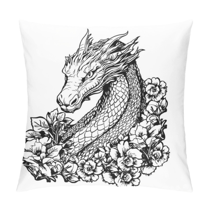 Personality  Cute Dragon With Flowers. Isolated On A White Background. Outlined For Coloring Book. Sketch For A Tattoo. Pillow Covers