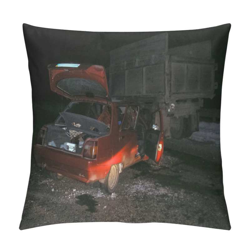 Personality  Kharkov, Ukraine - June 17, 2009: Consequences Of A Car Accident, A Wrecked Car. Road Traffic Accident Pillow Covers