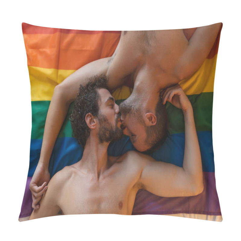 Personality  Affectionate Young Gay Man Kissing His Lover On The Bed. Two Young Male Lovers Laying Together On Pride Flag. Romantic Young Gay Couple Bonding Fondly Indoors. Pillow Covers