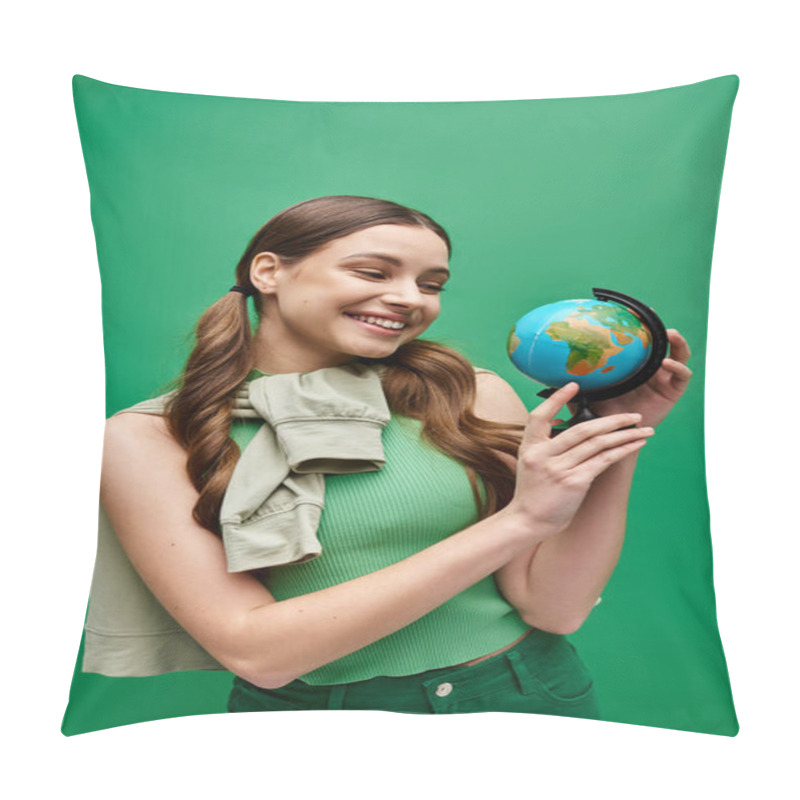 Personality  A Young Woman In Her 20s Holds A Small Globe In Her Hands, Portraying Care And Concern For The World. Pillow Covers