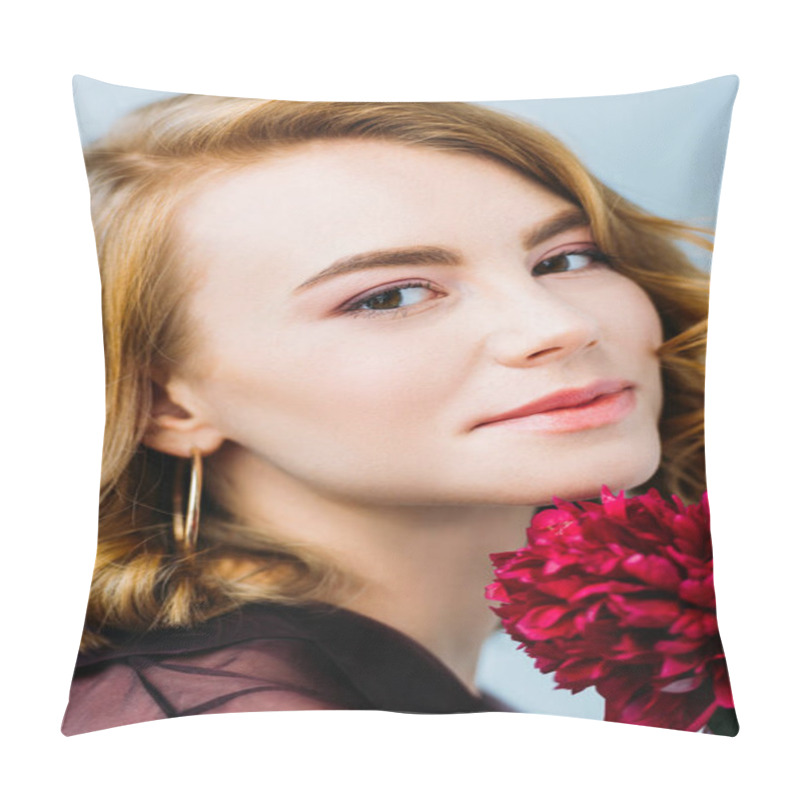 Personality  Close-up View Of Girl Holding Red Peony Flower And Smiling At Camera Isolated On Grey   Pillow Covers