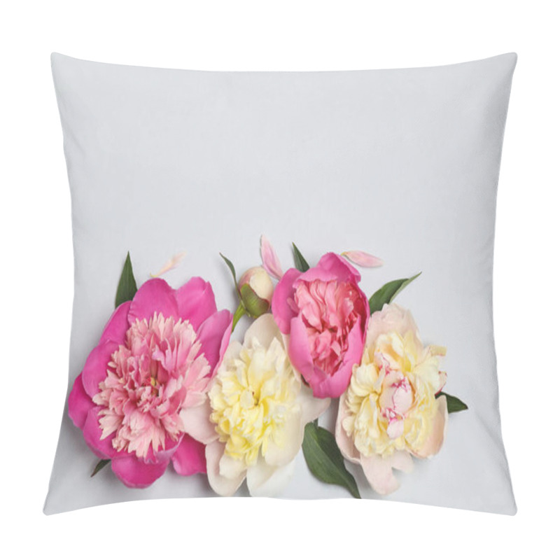 Personality  Beautiful Fresh Peonies And Leaves On Light Grey Background, Flat Lay. Space For Text Pillow Covers