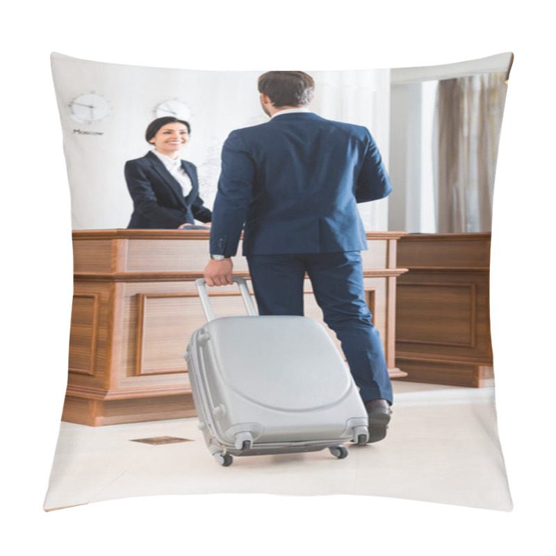 Personality  Selective Focus Of Businessman With Suitcase Standing Near Beautiful Receptionist  Pillow Covers