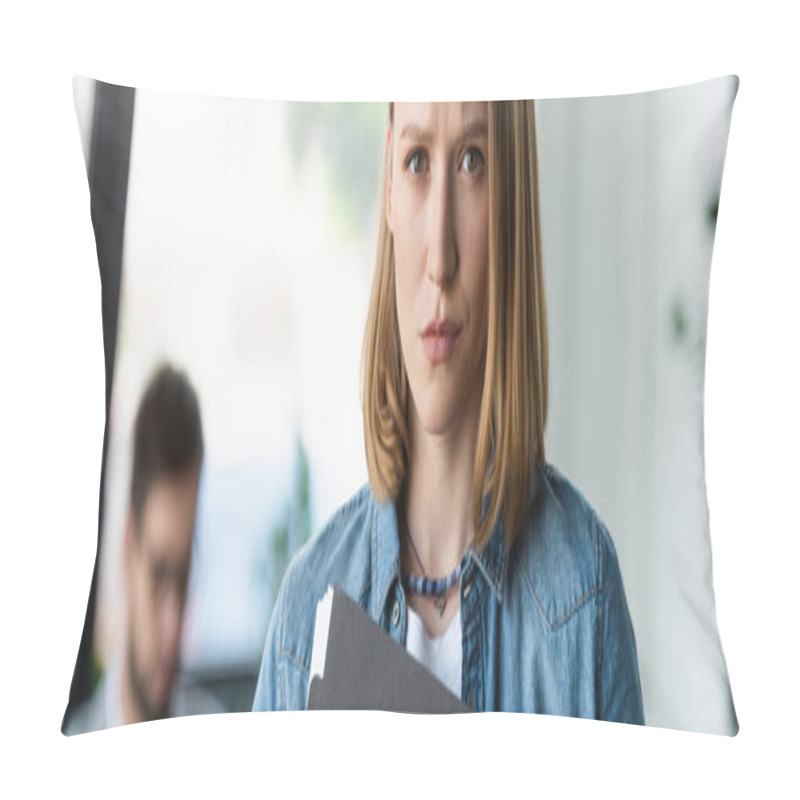 Personality  Upset Woman With Resume Looking At Camera In Office, Banner  Pillow Covers