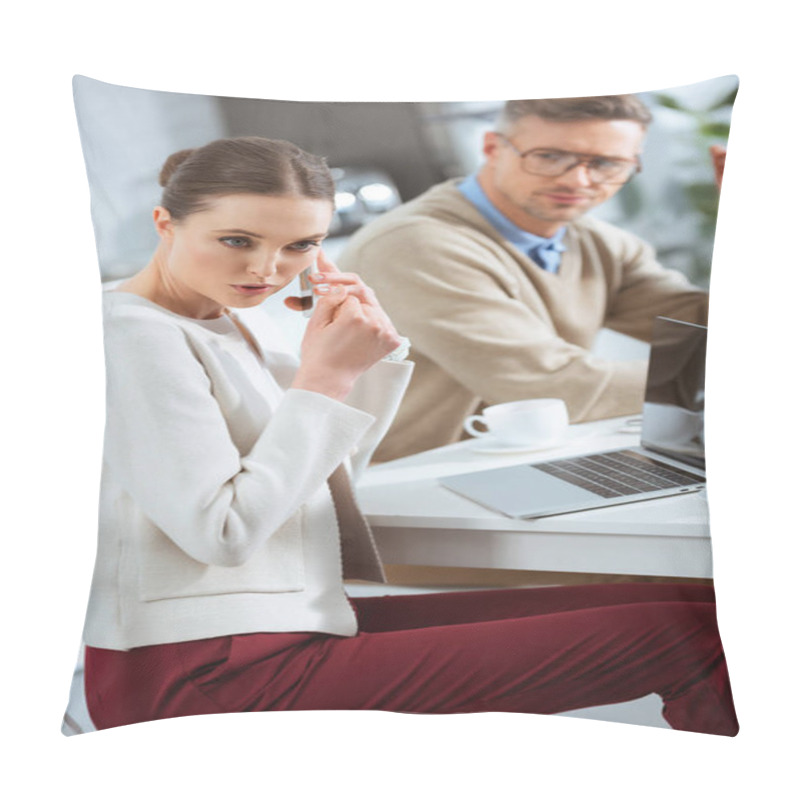 Personality  Dissatisfied Man Looking At Woman Secretly Talking On Smartphone During Breakfast Pillow Covers