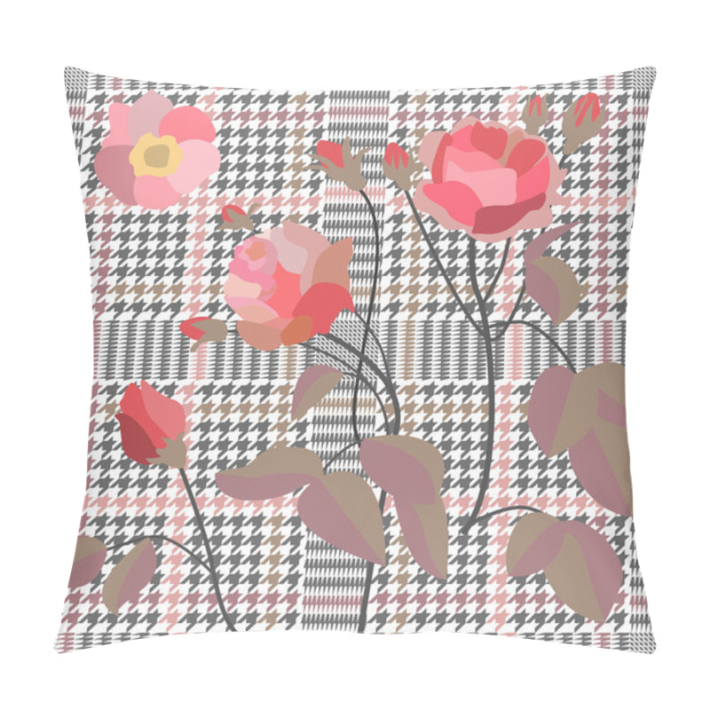 Personality  Retro Style Checkered  Print With Embroidered Roses. Seamless Hounds Tooth Pattern With Victorian Motifs.  Pillow Covers