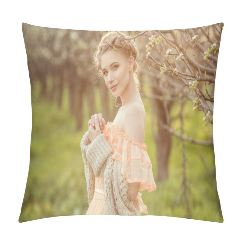 Personality  Beautiful Young Girl In An Old Dress In A Pear-blossoming Garden. Pillow Covers