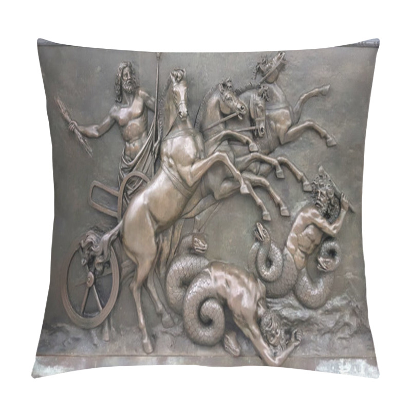 Personality  Metallic Panel Depicting With Zeus, Greek Ancient God, In War Chariots During Battle Against Evil Creatures At Achilleion Palace, On Corfu Island, Greece Pillow Covers