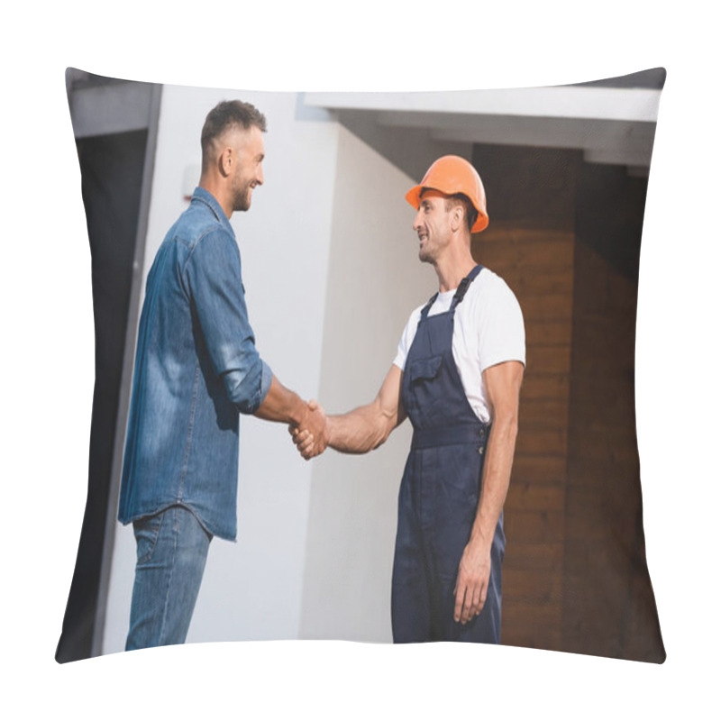 Personality  Man Shaking Hands With Builder In Uniform Near Building  Pillow Covers