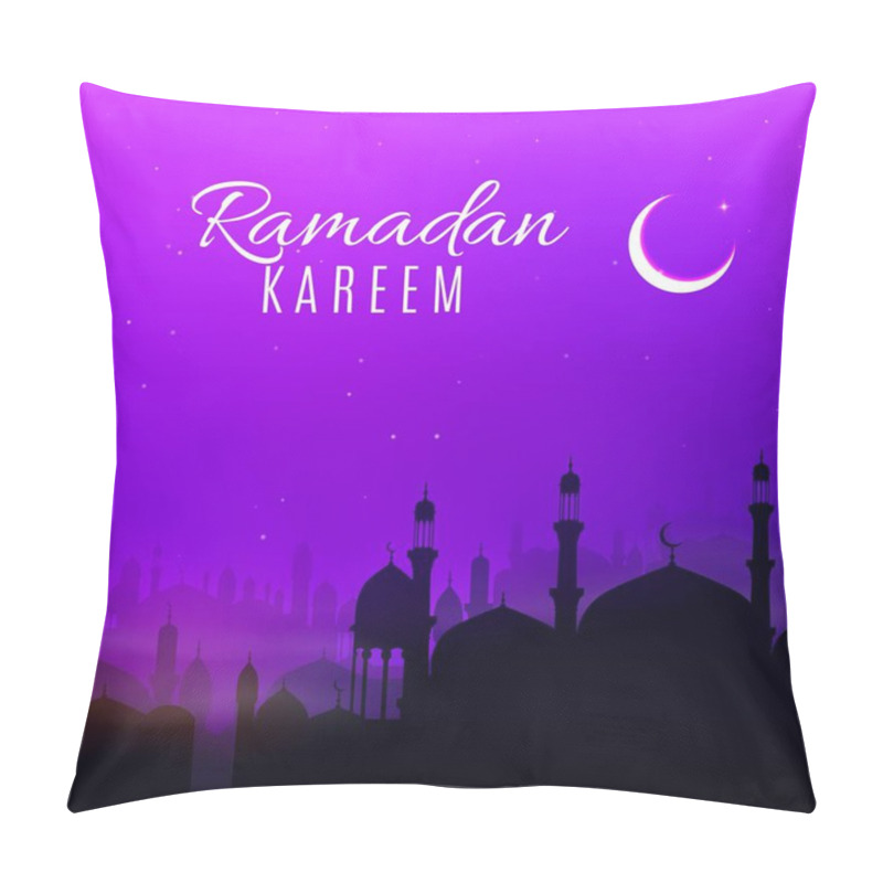 Personality  Ramadan Kareem Holiday Night In Arabian City Vector Greeting Card. Islam Religion Mosque Building, Masjid And Minaret Tower Silhouettes On Night Sky Background With Crescent Moon And Stars Pillow Covers