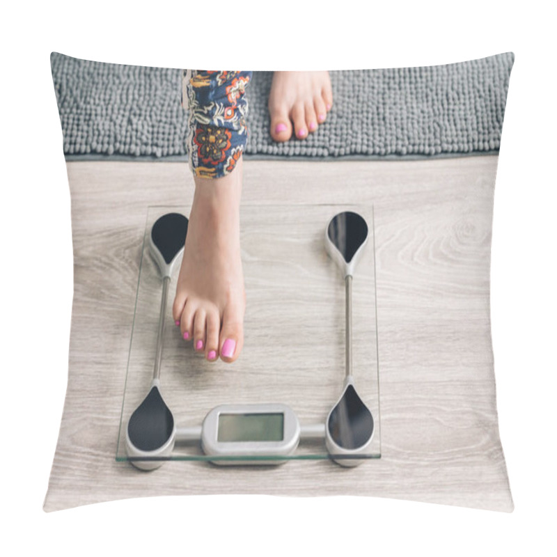 Personality  Female Checking BMI Weight Loss. Girl Barefoot Measuring Body Fat Overweight. Woman On Scales Measure Weight. Girl Legs Step On Bathroom Scale. Diet Woman Feet Standing Weighing Scales On Room Pillow Covers