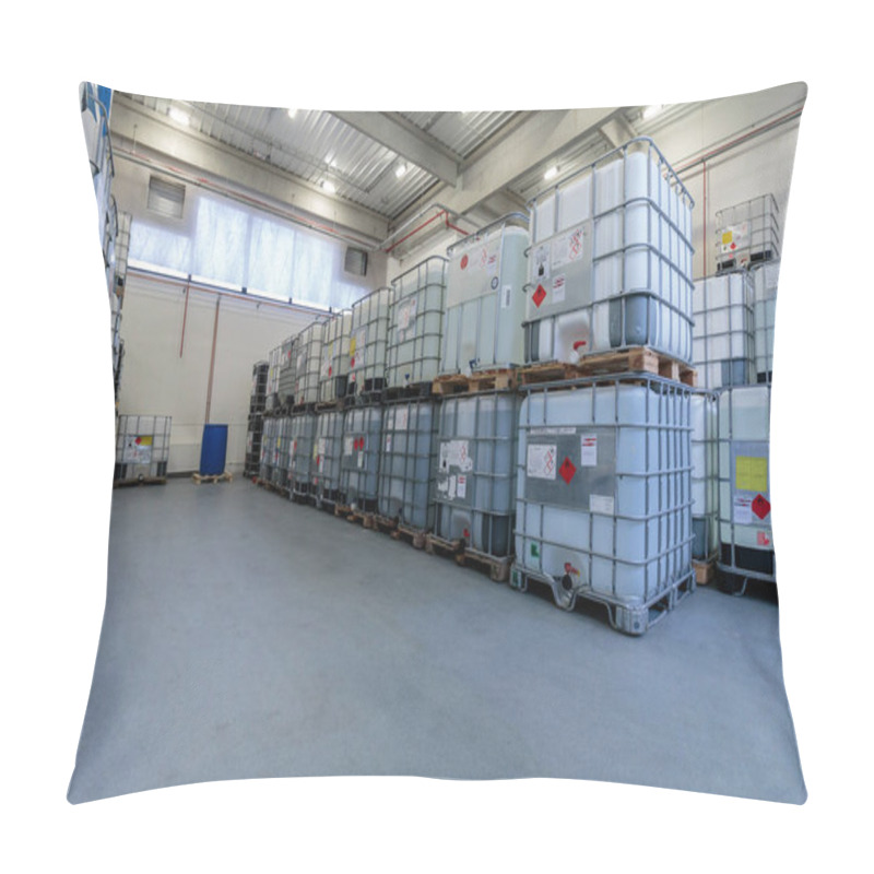 Personality  ZAGREB, CROATIA - DECEMBER 21, 2016: Warehouse With Chemicals In IBC Containers. IBC Is Used For Storage And Transport Of Chemicals. Pillow Covers