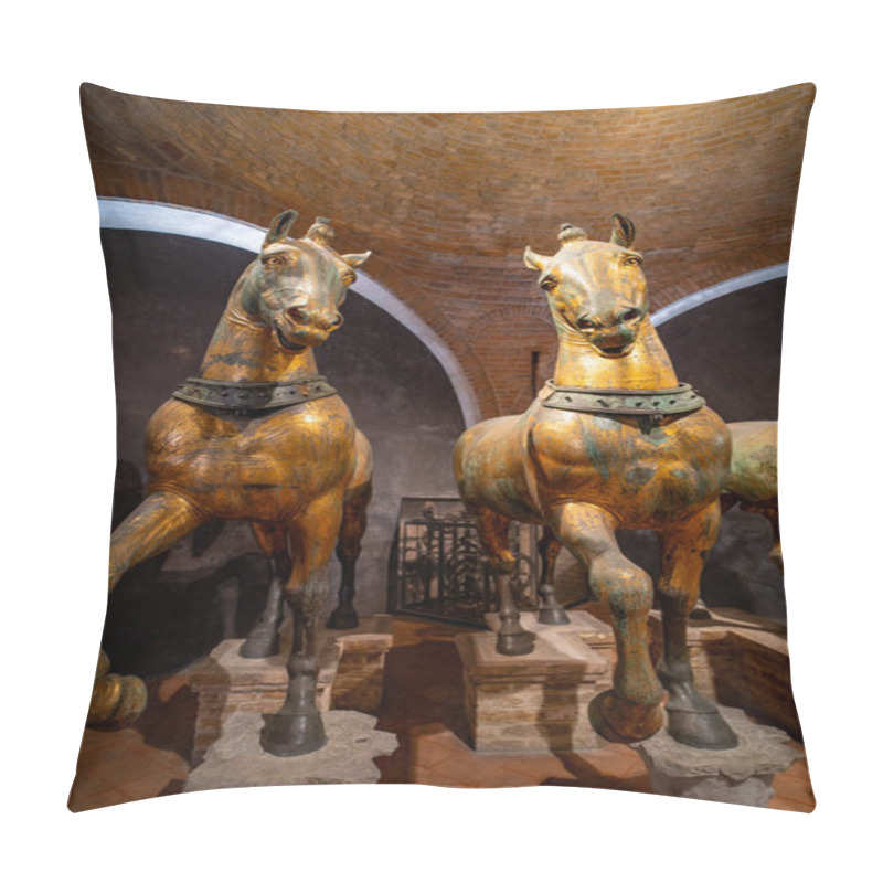 Personality  Ancient Bronze Horse Statues Displayed In A Museum Exhibit, Showcasing Intricate Craftsmanship And Historical Significance Under Warm Lighting In A Brick-arched Room. Pillow Covers