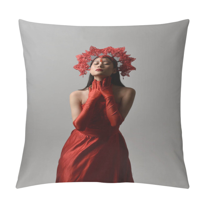 Personality  Close Up Portrait Of Beautiful Young Asian Woman Wearing Red Corset, Long Opera Gloves And Ornate Crown Headdress. Gestural Hand Poses Isolated On Light Studio Background. Pillow Covers